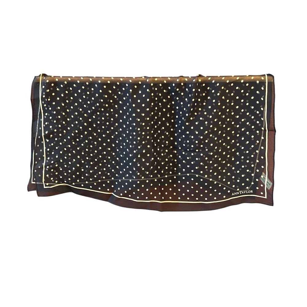 Ann Taylor Polka Dot Black Brown Border Silk-Feel Vintage Scarf Retro Chic